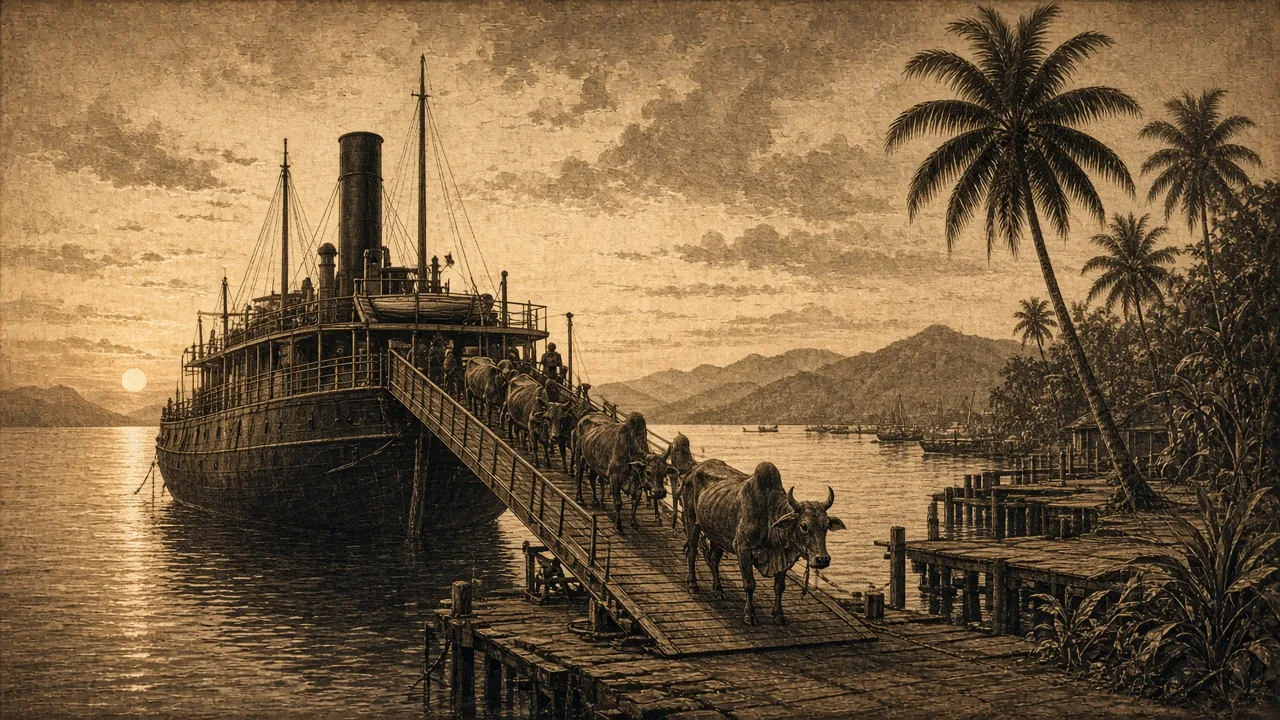 Ilustração em estilo de gravura antiga de um navio a vapor em porto tropical desembarcando gado zebu ao entardecer