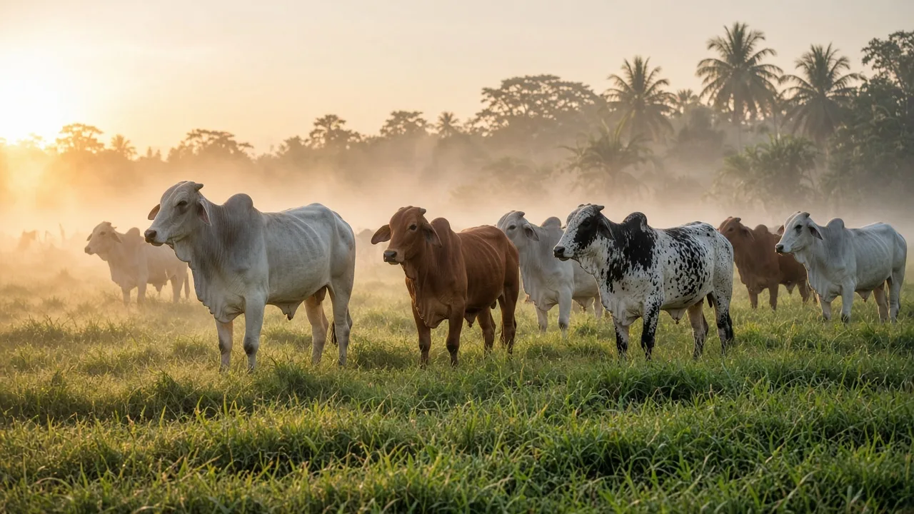 Pasto tropical ao amanhecer com lote de bovinos zebuínos de pelagens branca, cinza, vermelha e malhada